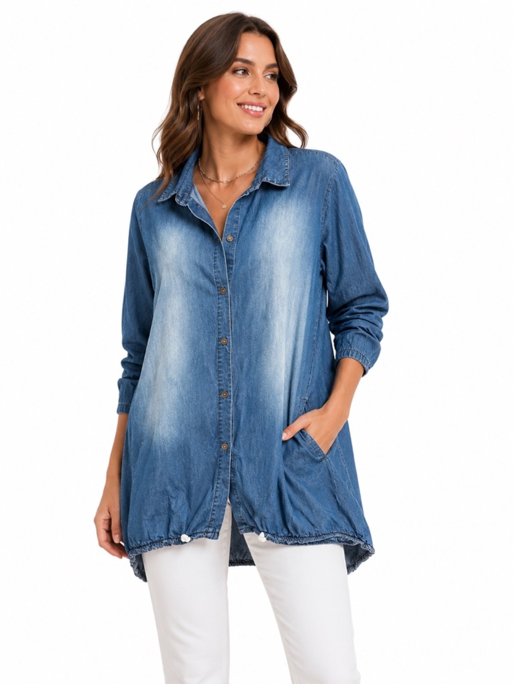 Linen Luv Italian Cotton Chambray Button Shirt Blue Tunic XL Made in Italy